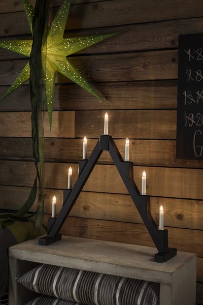 Hovedbilde Adventstake 7 lys sort med dekoring messing