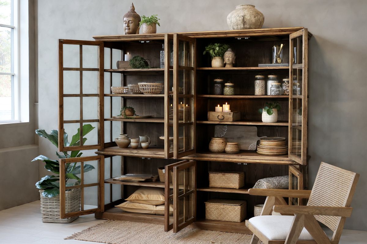 Marseille Natur Vitrineskap med 8 dører og hyller - Chic Antique