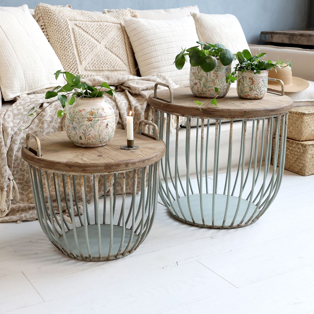 Sofabord i opal med trelokk - Sett med 2 bord - Chic Antique